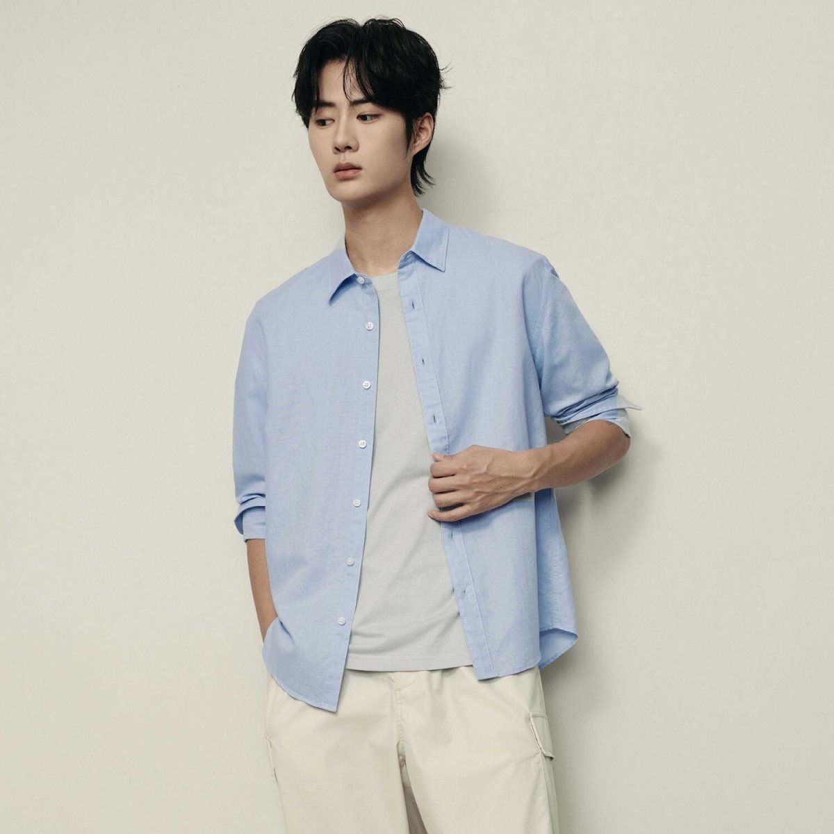 Men’S Regular Fit Linen - Cotton Poplin Long Sleeve Shirt | Korea Collection - Giordano