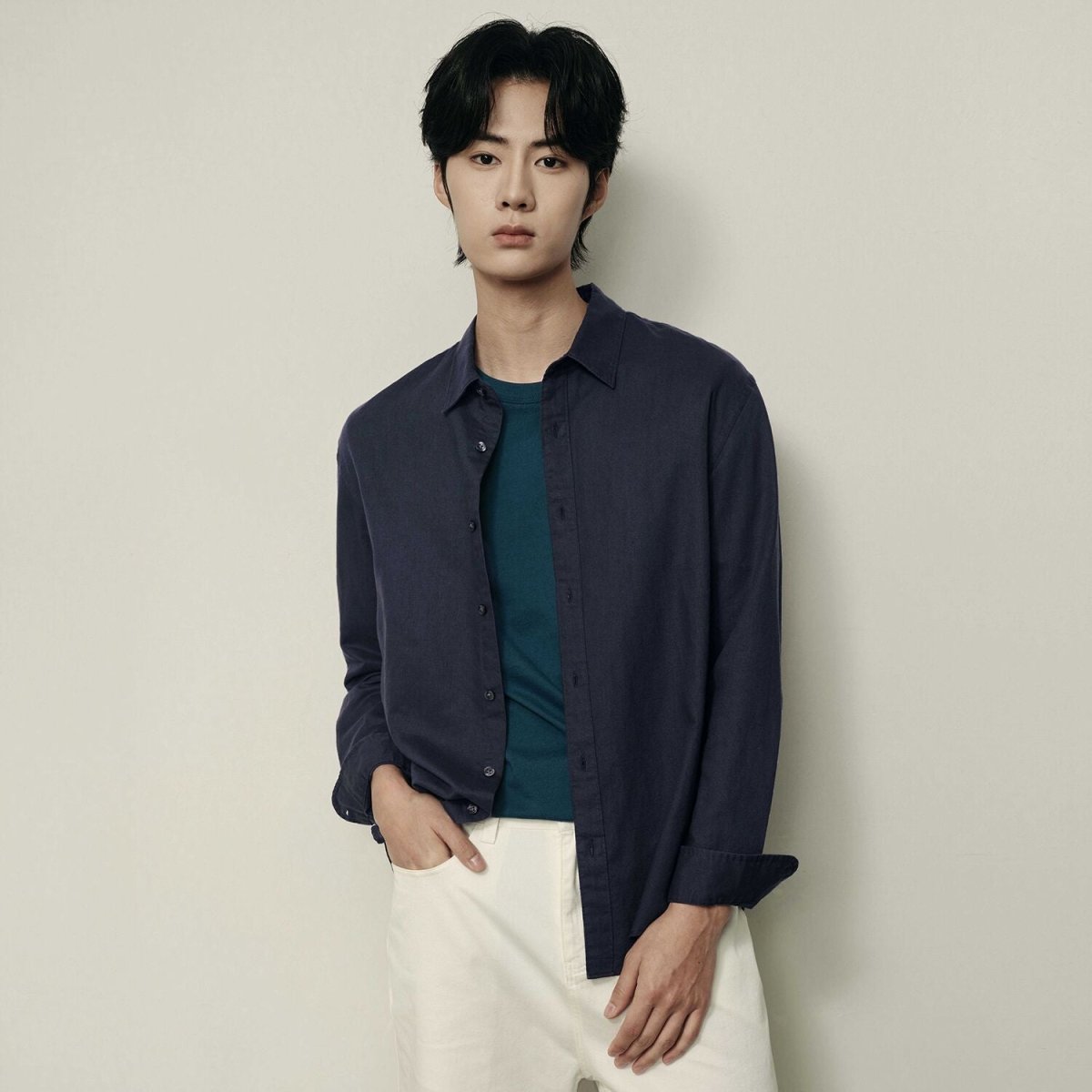Men’S Regular Fit Linen - Cotton Poplin Long Sleeve Shirt | Korea Collection - Giordano