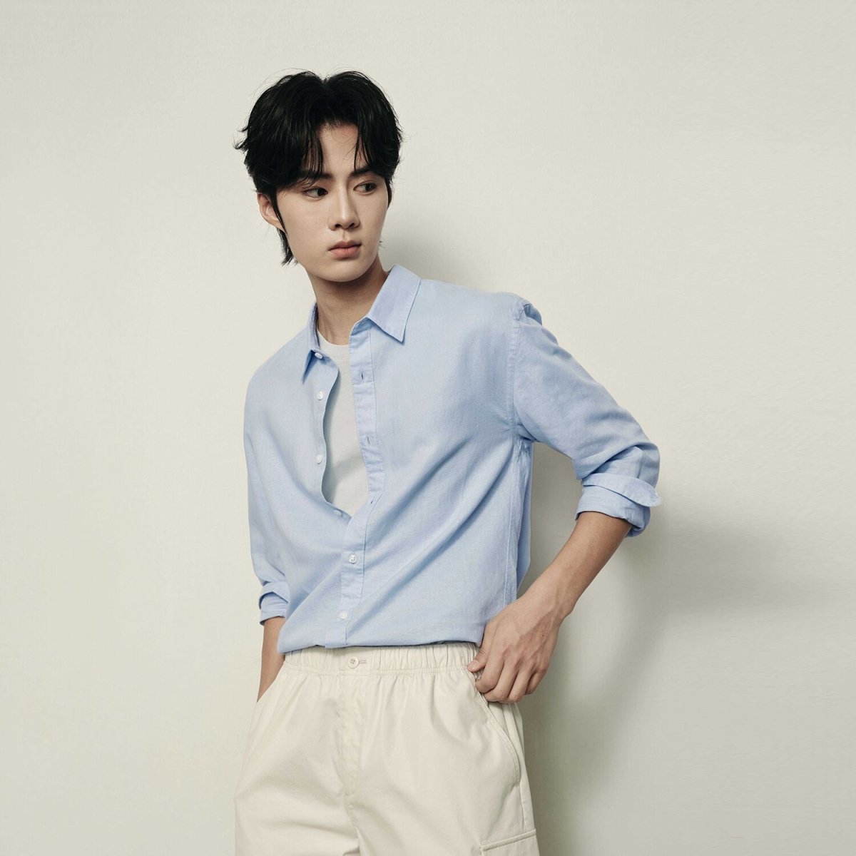 Men’S Regular Fit Linen - Cotton Poplin Long Sleeve Shirt | Korea Collection - Giordano