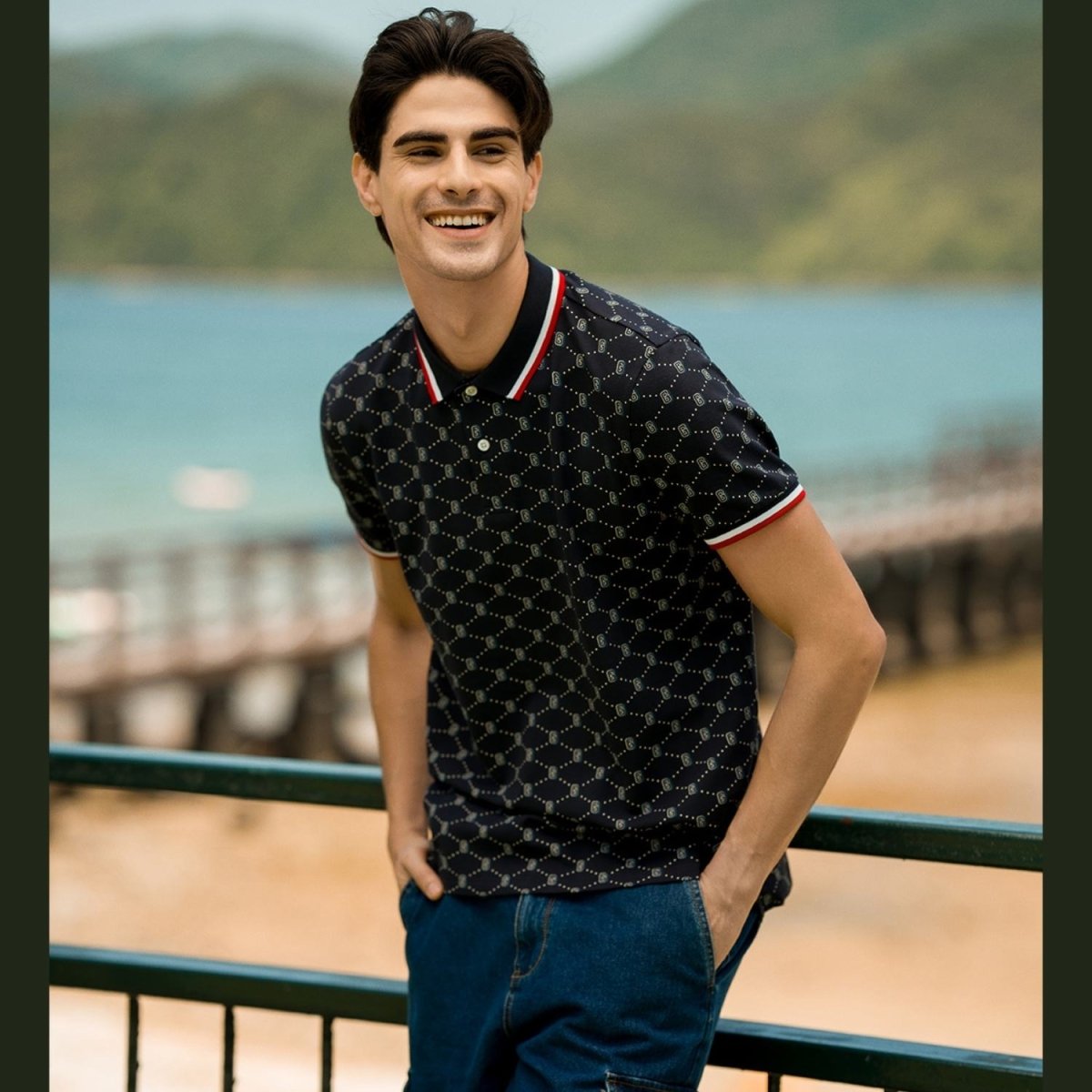 Men’S Slim Fit Cotton - Lycra Piqué Polo | All - Over Print - Giordano