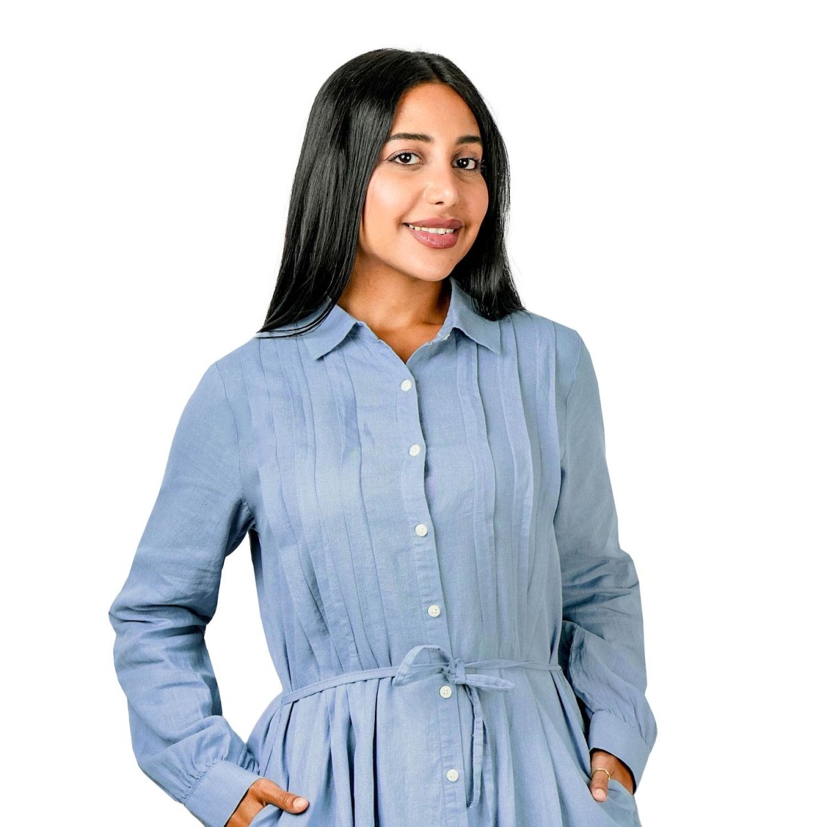 Women Linen - Cotton Poplin Belted Shirt Dress - Comfort Fit - Giordano