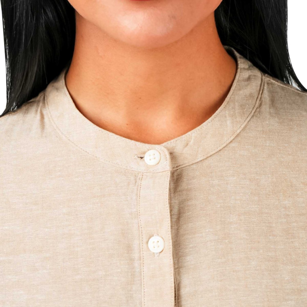 Women Premium Linen - Cotton Poplin Shirt Stand Collar, Garment Washed - Giordano