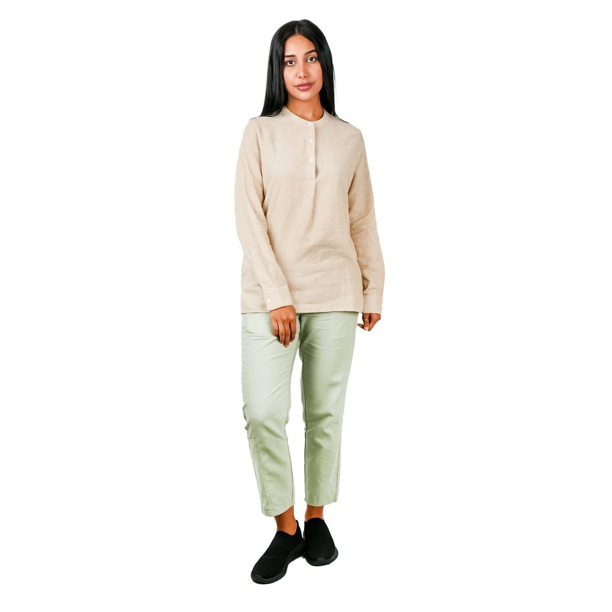 Women Premium Linen - Cotton Poplin Shirt Stand Collar, Garment Washed - Giordano