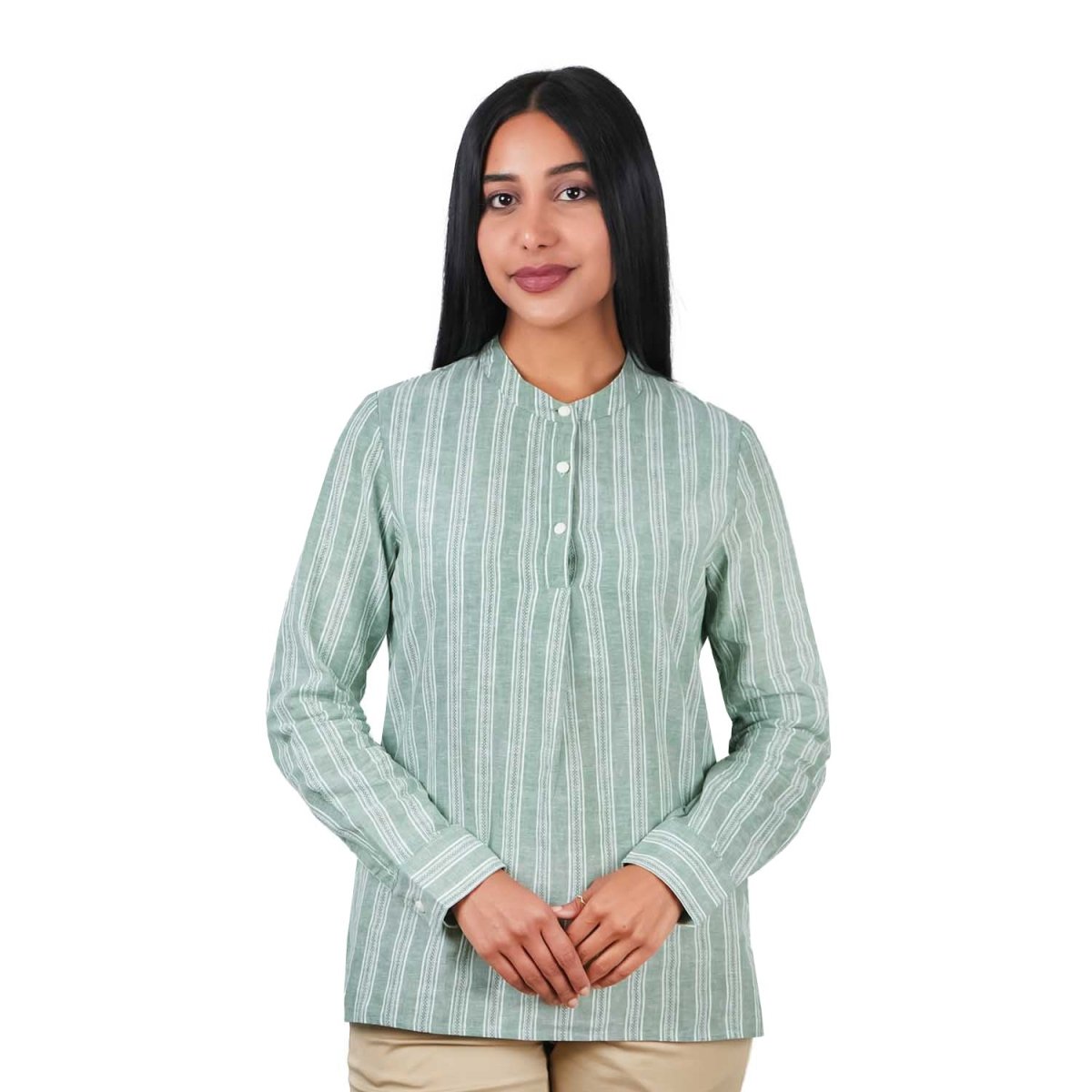 Women's Linen Cotton Dobby Shirt Stand Collar, Garment Wash