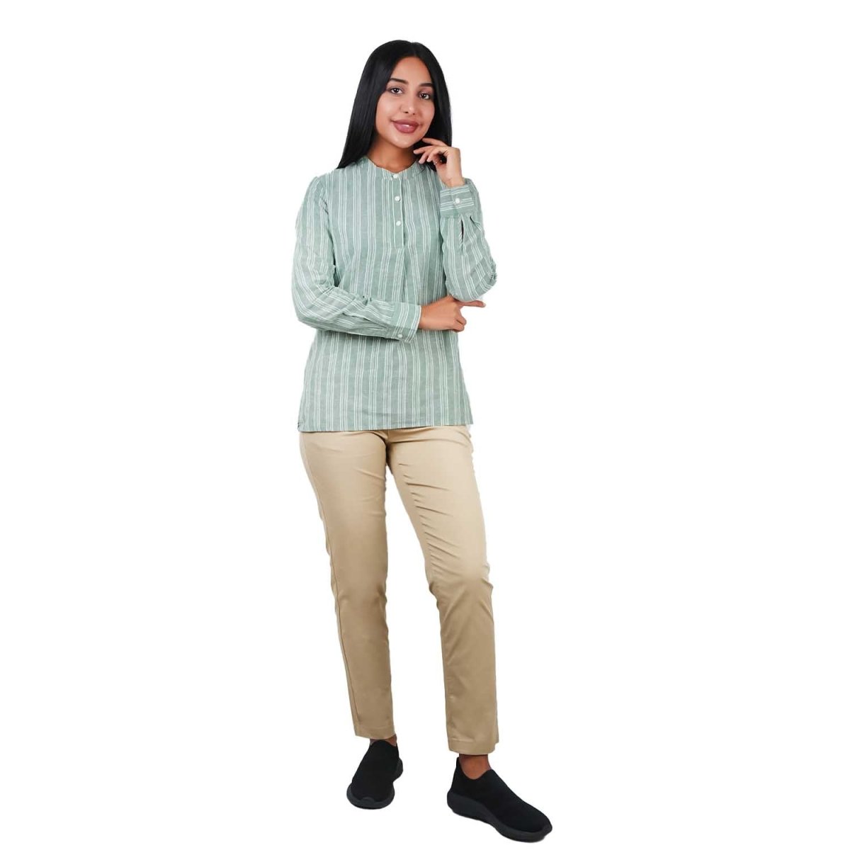 Women's Linen Cotton Dobby Shirt - Stand Collar, Garment Wash Comfort Fit - Giordano