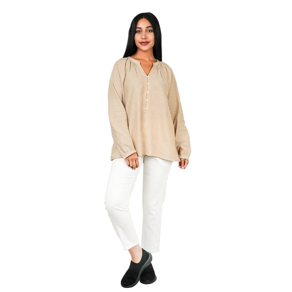 Women's Linen - Cotton Poplin V - Neck Long Sleeve Shirt - Giordano