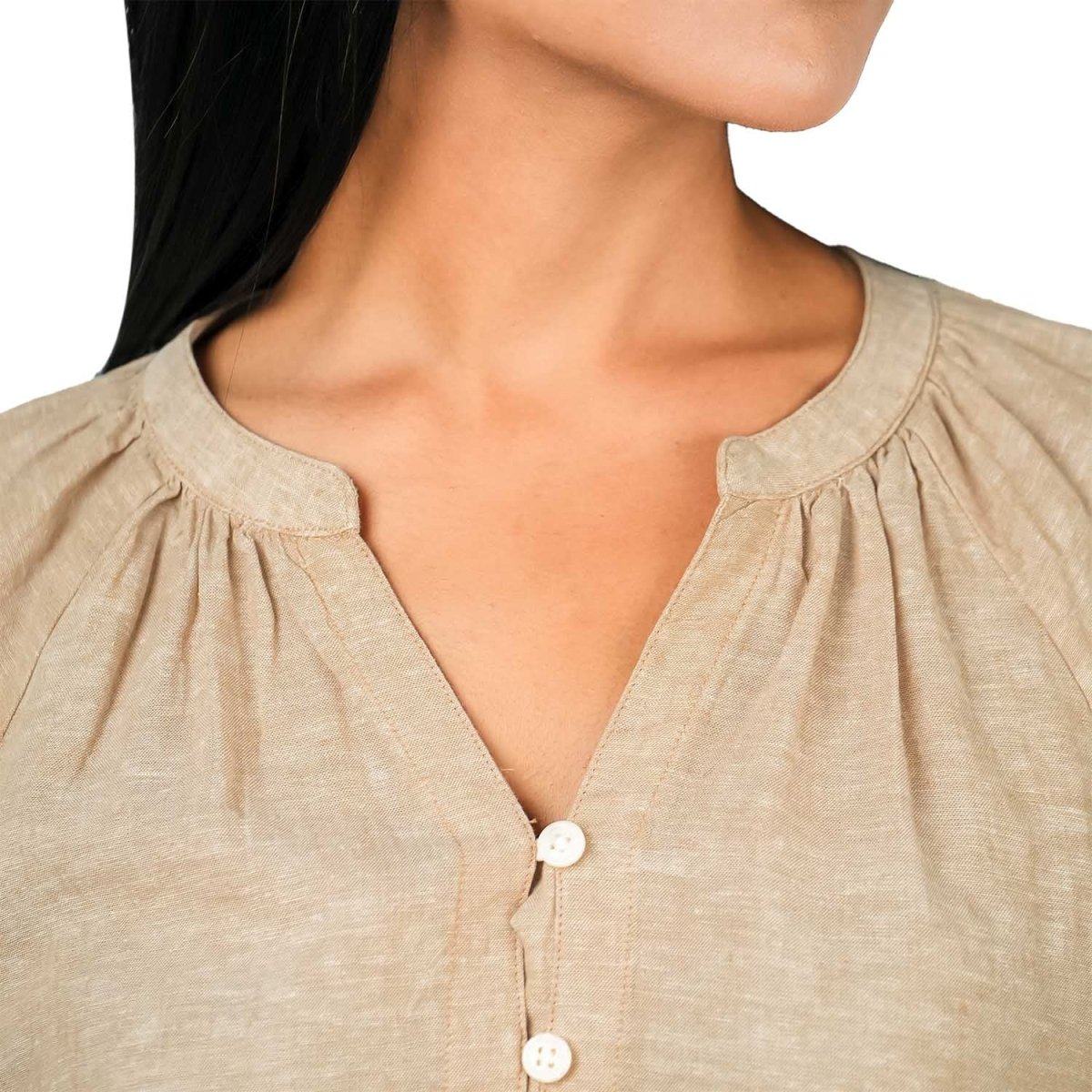 Women's Linen - Cotton Poplin V - Neck Long Sleeve Shirt - Giordano