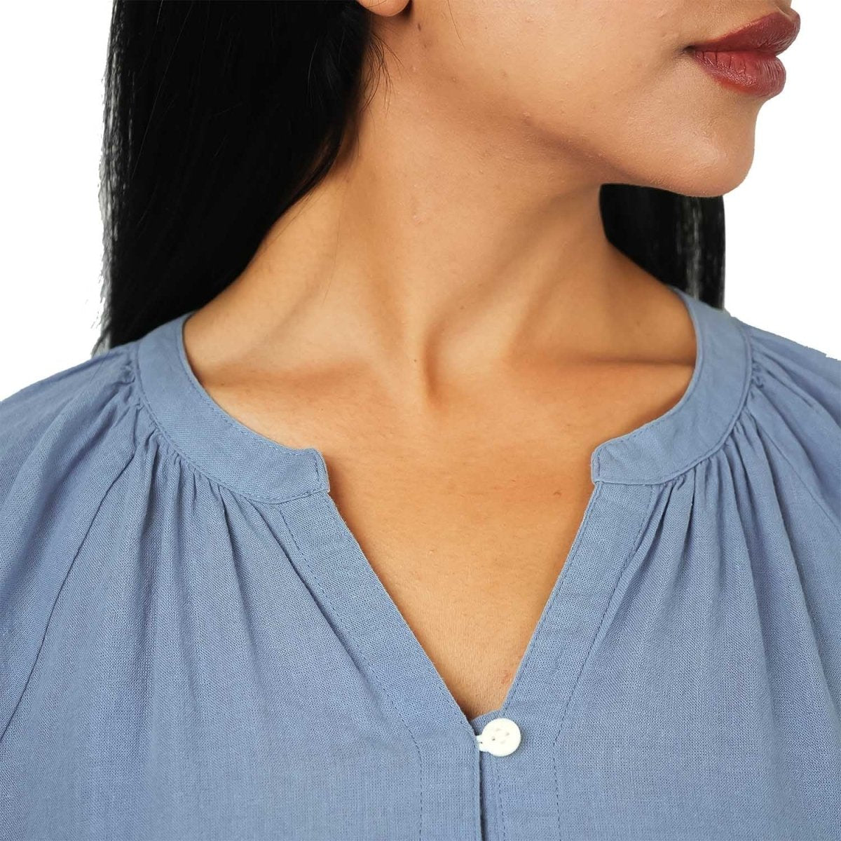 Women's Linen - Cotton Poplin V - Neck Long Sleeve Shirt - Giordano