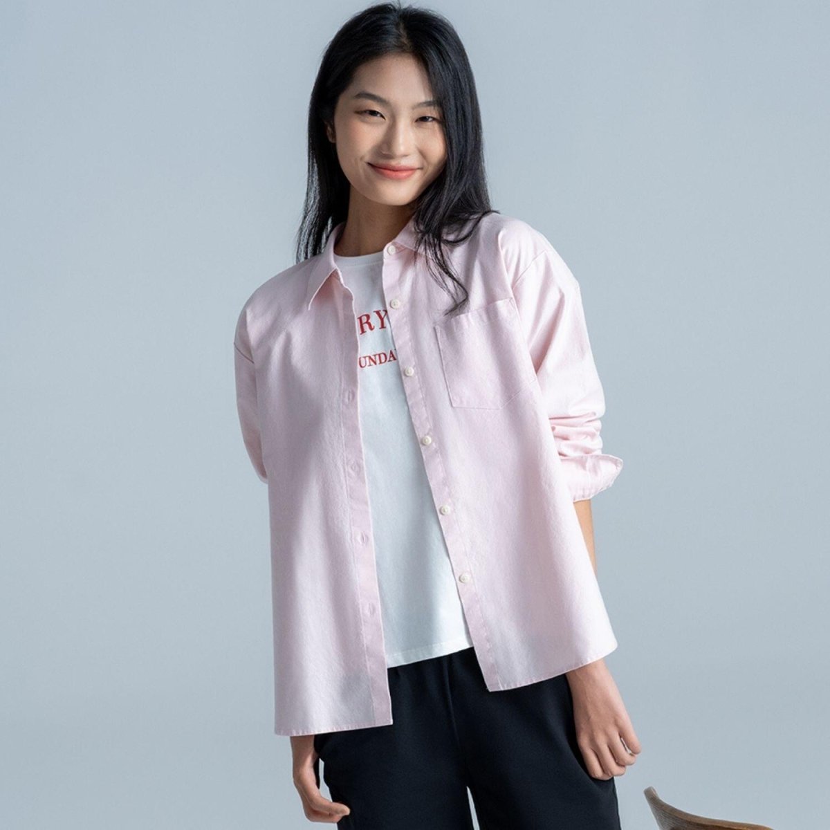 Women's Loose Fit Shirt: Oxford Fabric, Long Sleeve Pink
