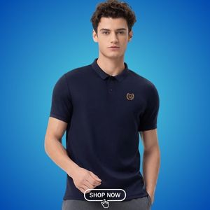 Model wearing a classic navy polo shirt representing the men's polo collection to buy men's polos online