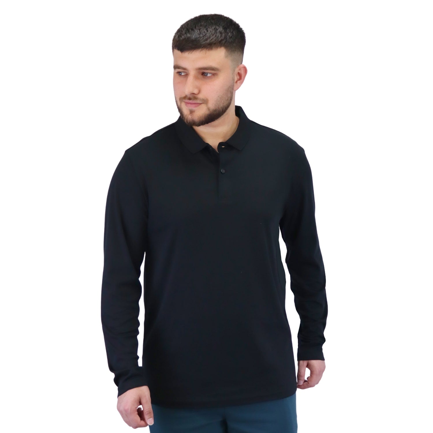 Giordano Men's Flat Knit Collar Long Sleeve Liquid Touch Slim Fit Solid Color Polo-Black