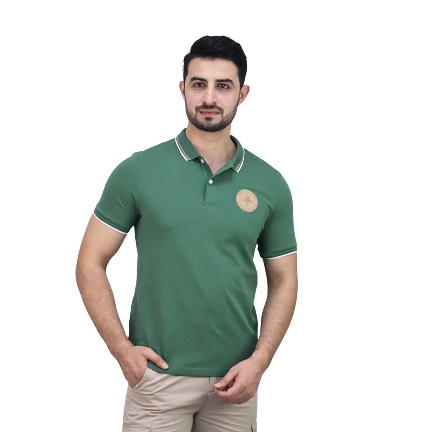 Giordano Men's Pique Flat Knit Collar Short Sleeve Thematic Slim Fit Embroidery Bold Polo-Green