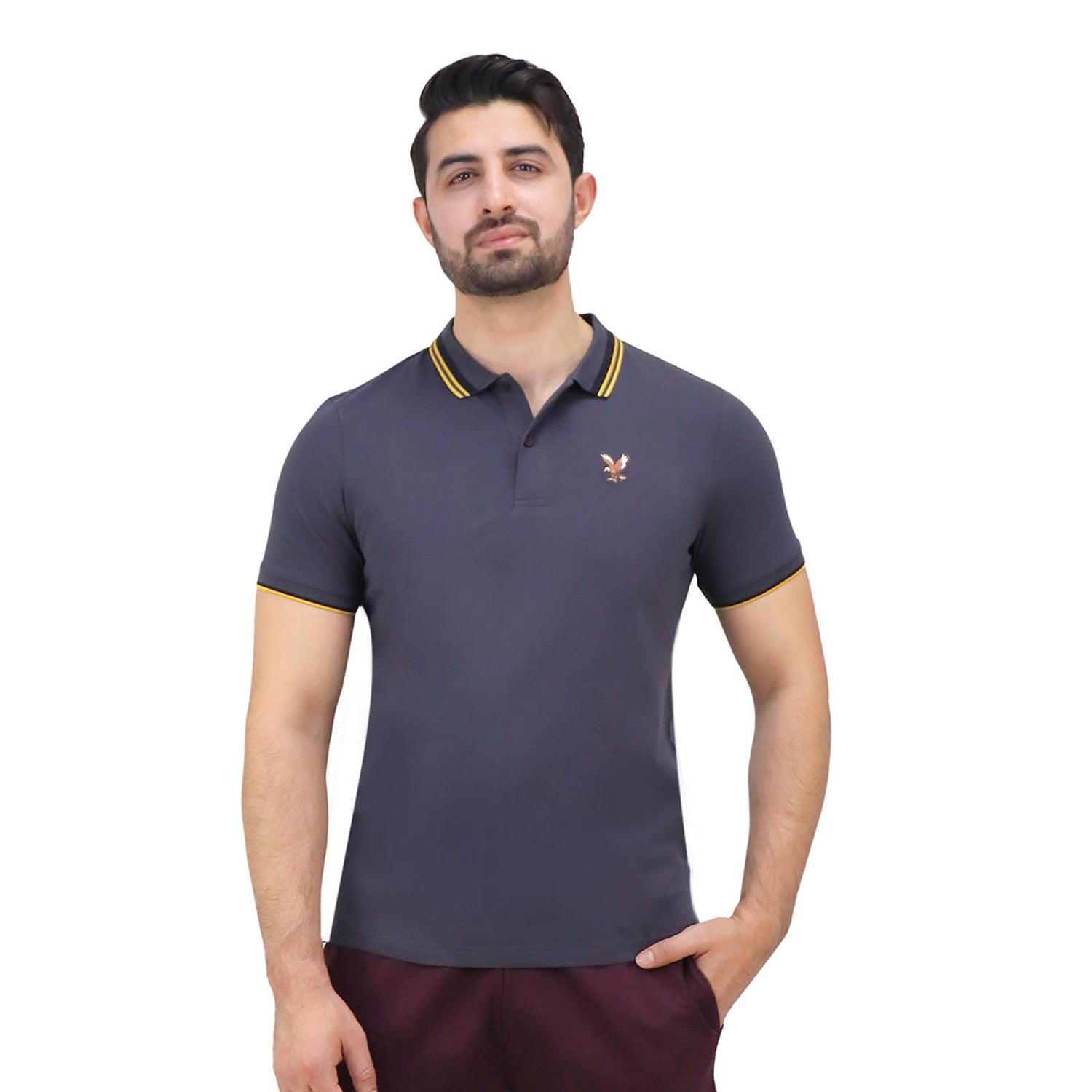 Giordano Men's Pique Flat Knit Collar Short Sleeve Eagle Embroidery Solid Color Polo-Gray