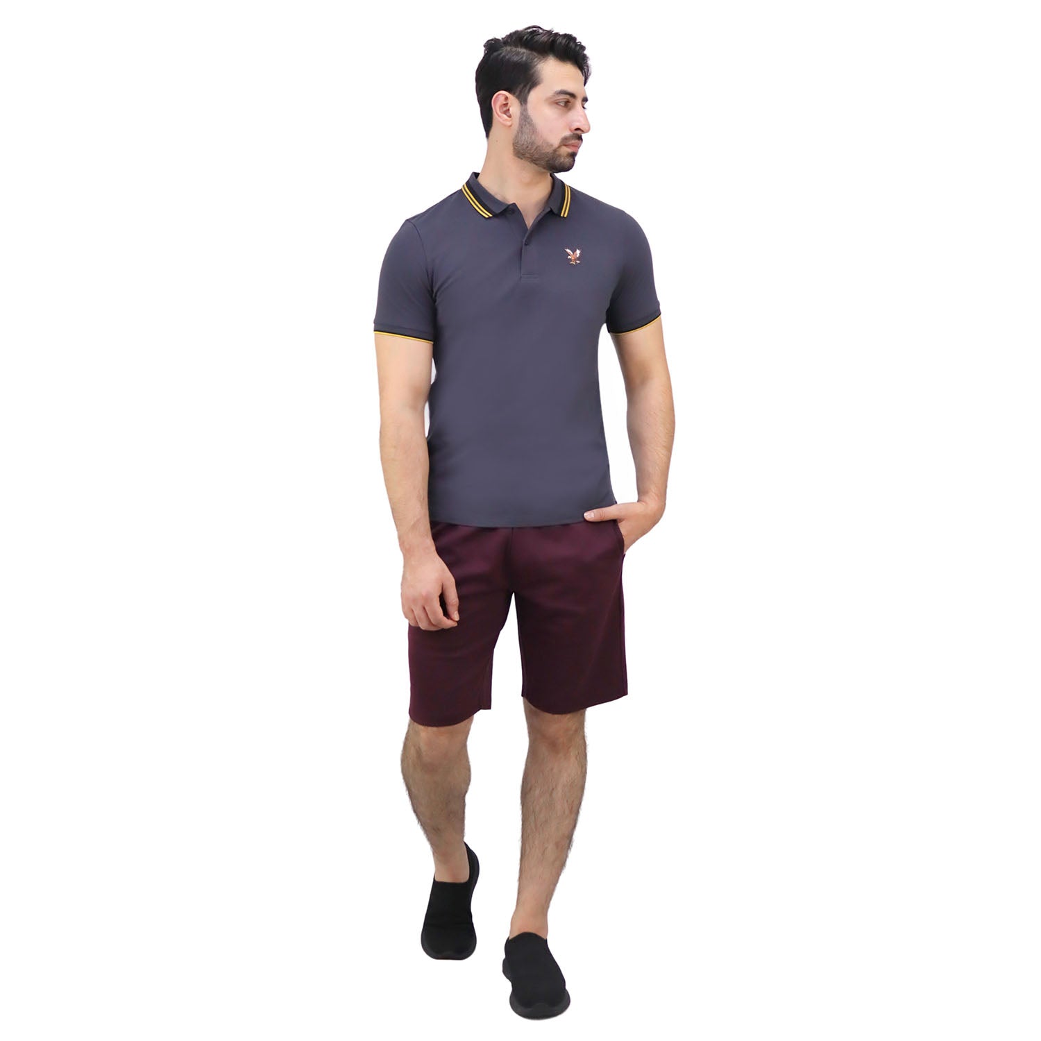 Men's Pique Flat Knit Collar Short Sleeve Eagle Embroidery Solid Color Polo