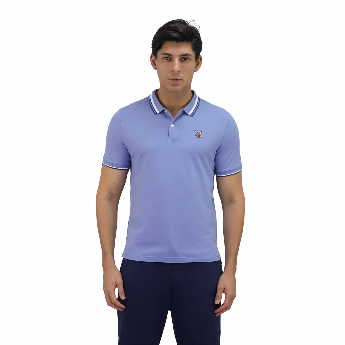 Giordano Men's Pique Flat Knit Collar Short Sleeve Eagle Embroidery Solid Color Polo-Blue