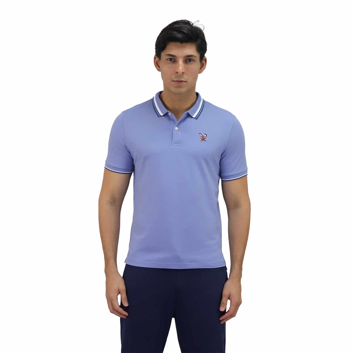 Giordano Men's Pique Flat Knit Collar Short Sleeve Eagle Embroidery Solid Color Polo-Blue