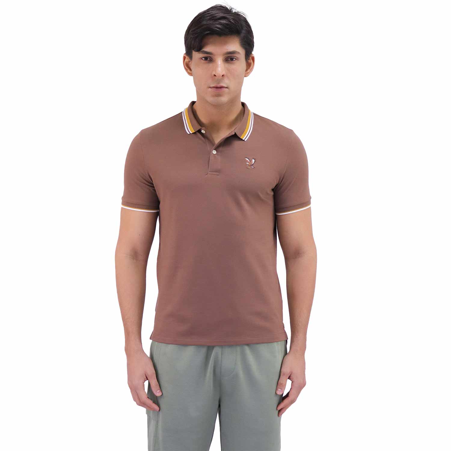 Giordano Men's Pique Flat Knit Collar Short Sleeve Eagle Embroidery Solid Color Polo-Brown