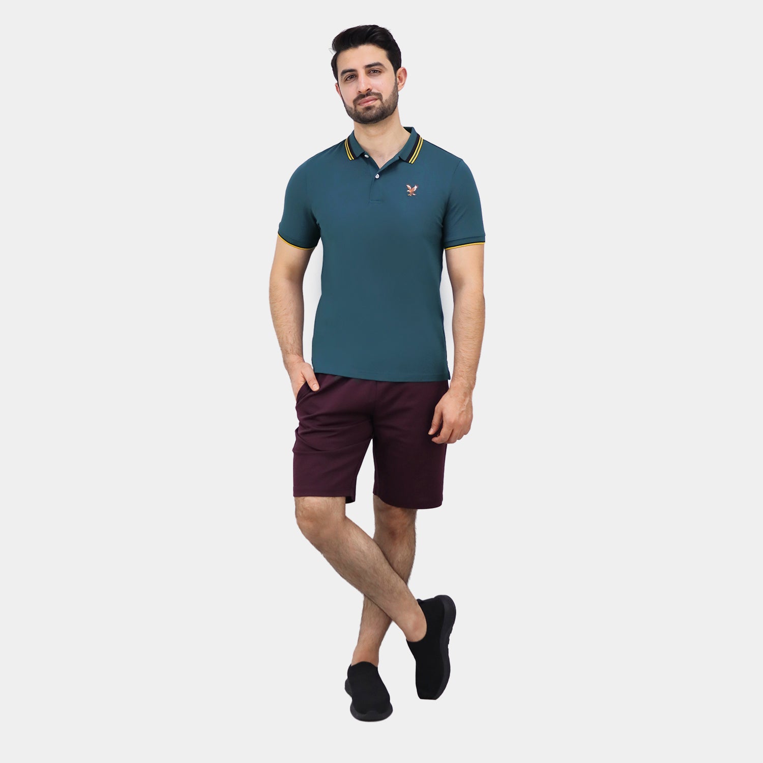 Men's Pique Flat Knit Collar Short Sleeve Eagle Embroidery Solid Color Polo