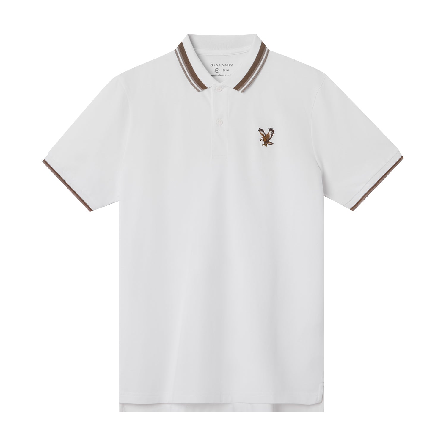Giordano Men's Pique Flat Knit Collar Short Sleeve Eagle Embroidery Solid Color Polo-White