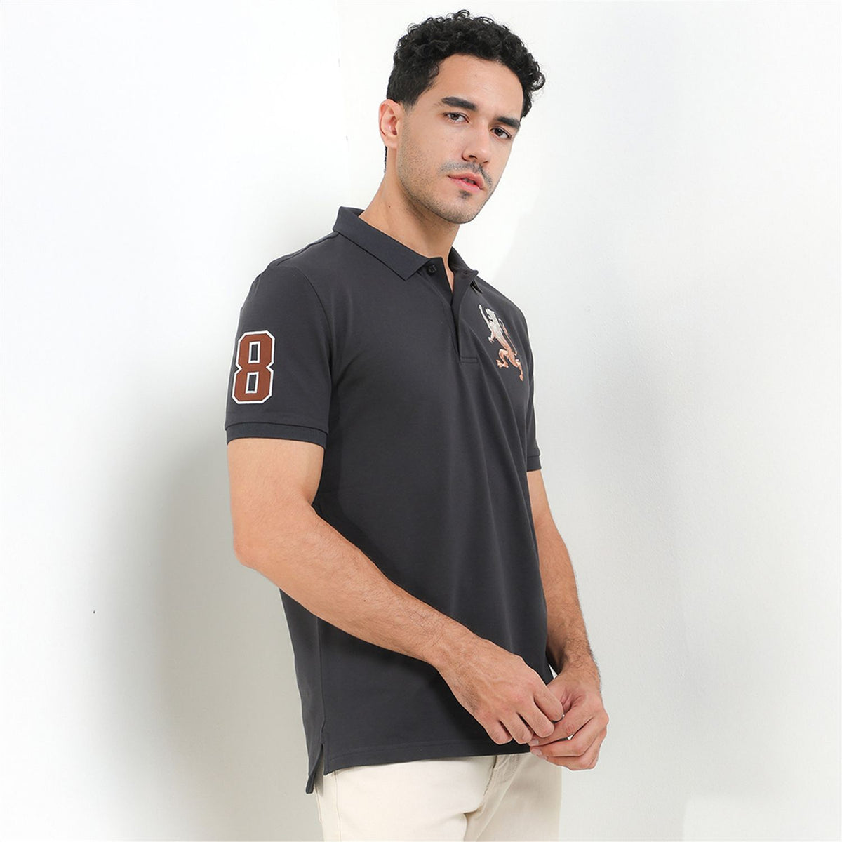 Men's 3D Lion Polo: Slim Fit, Bold Embroidery, Premium Pique