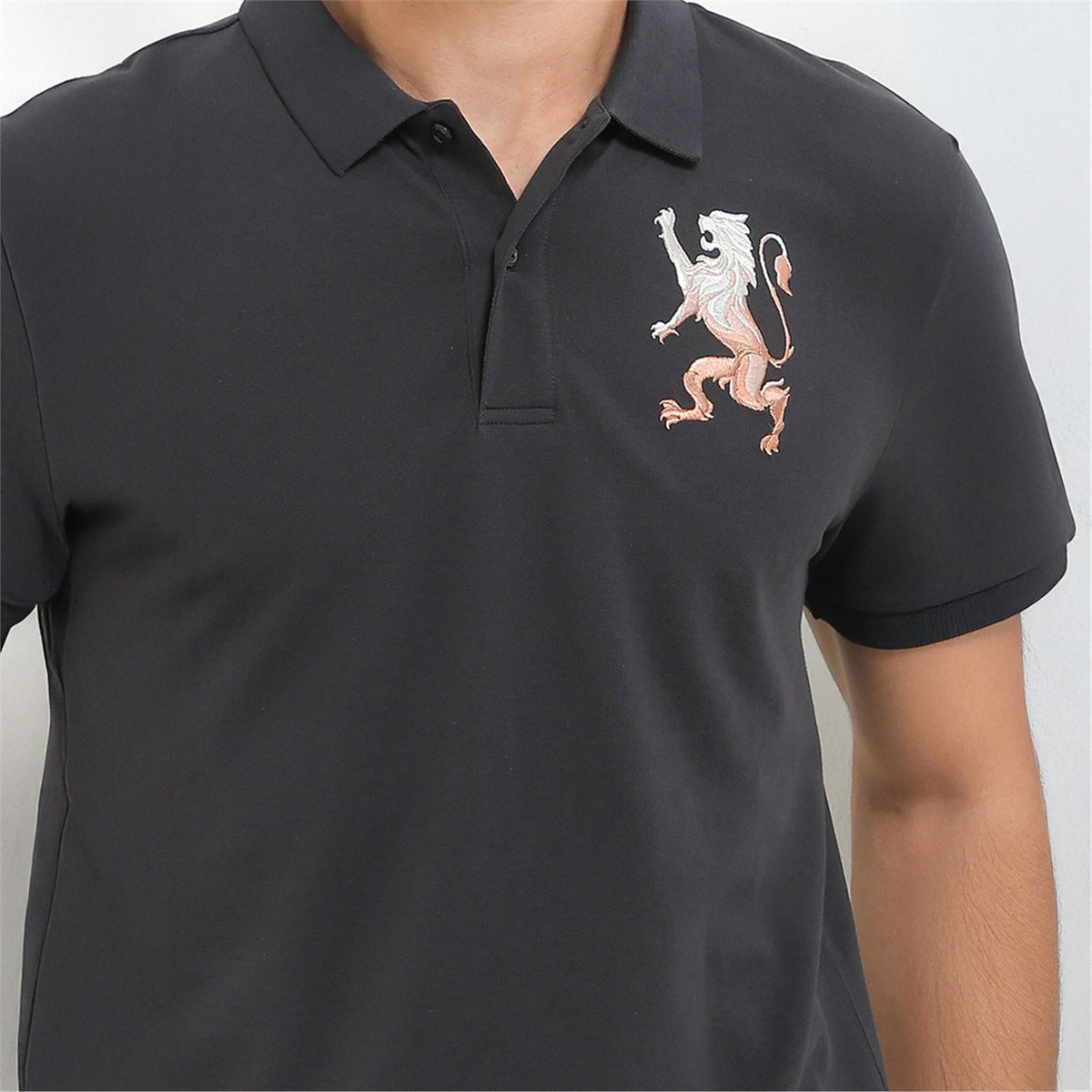 Men's 3D Lion Polo: Slim Fit, Bold Embroidery, Premium Pique