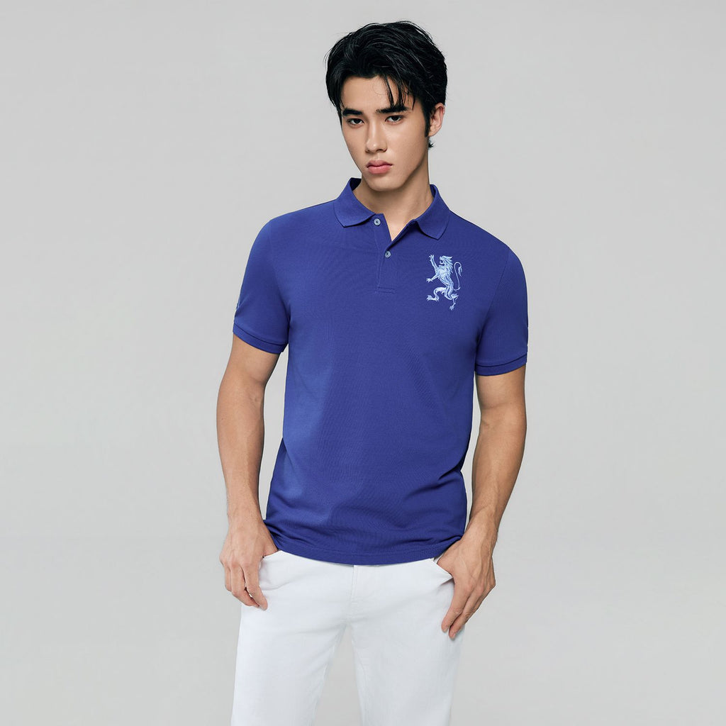 Men’s Slim Fit 3D Lion Embroidery Lycra Pique Polo
