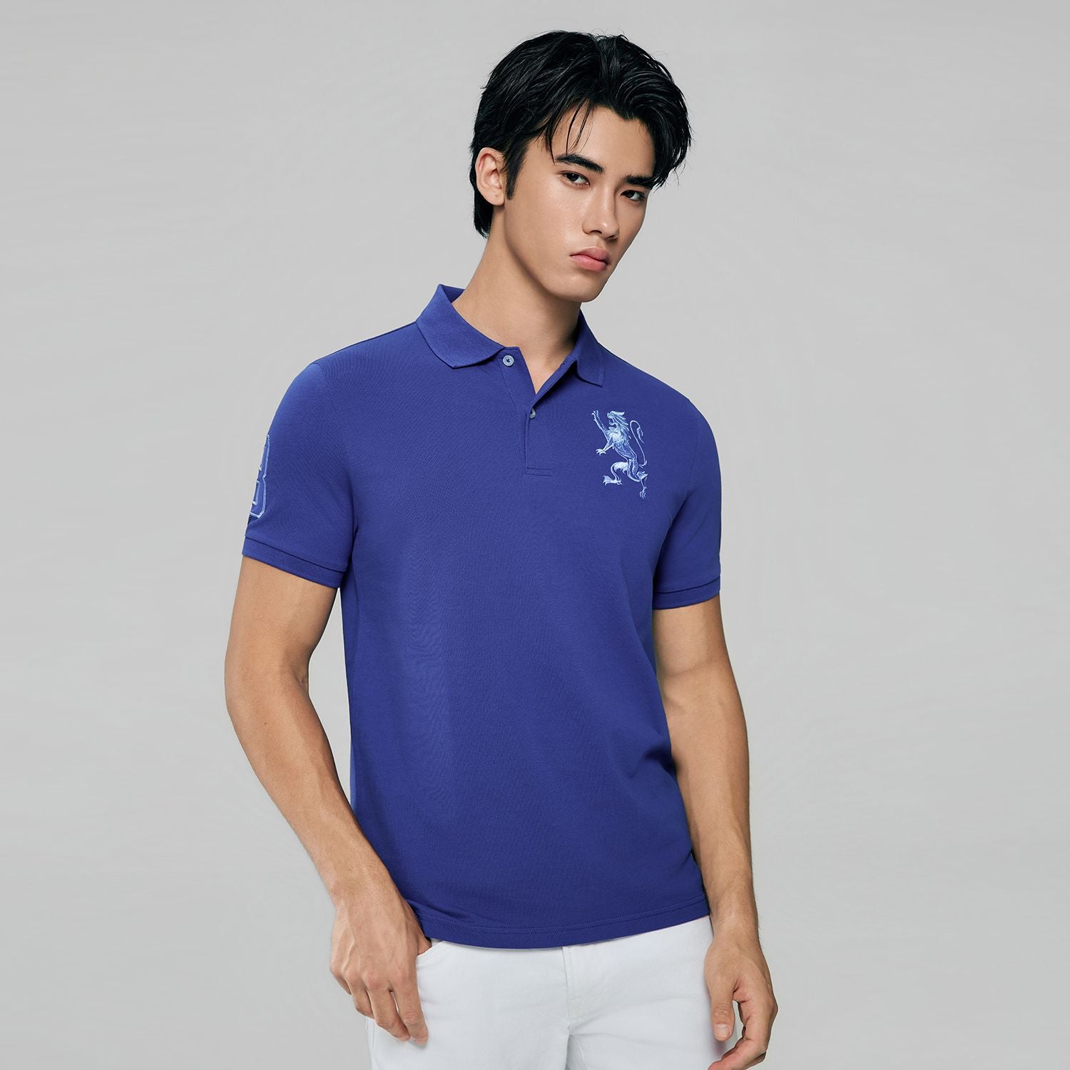 Men’s Slim Fit 3D Lion Embroidery Lycra Pique Polo