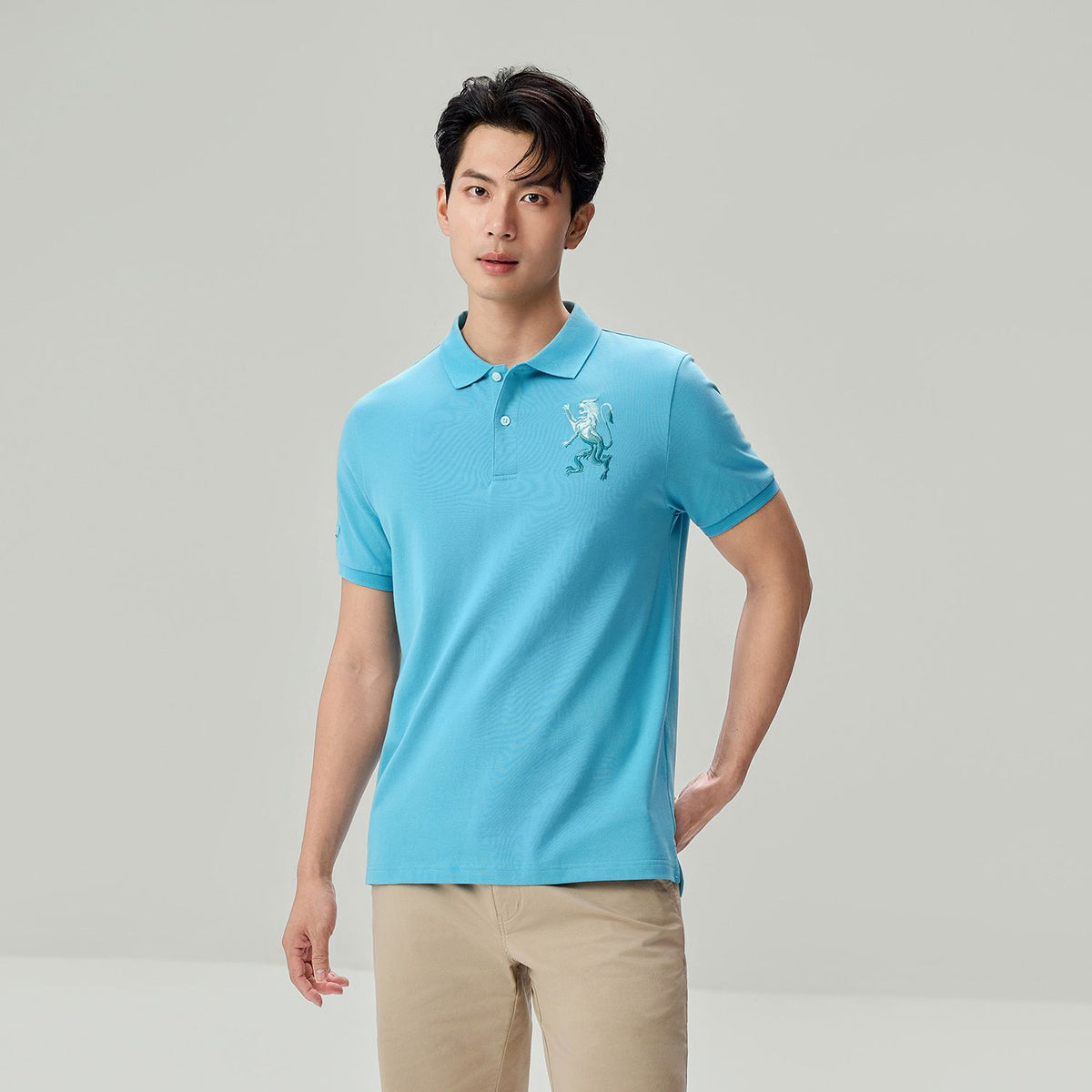 Men’s Slim Fit 3D Lion Embroidery Lycra Pique Polo