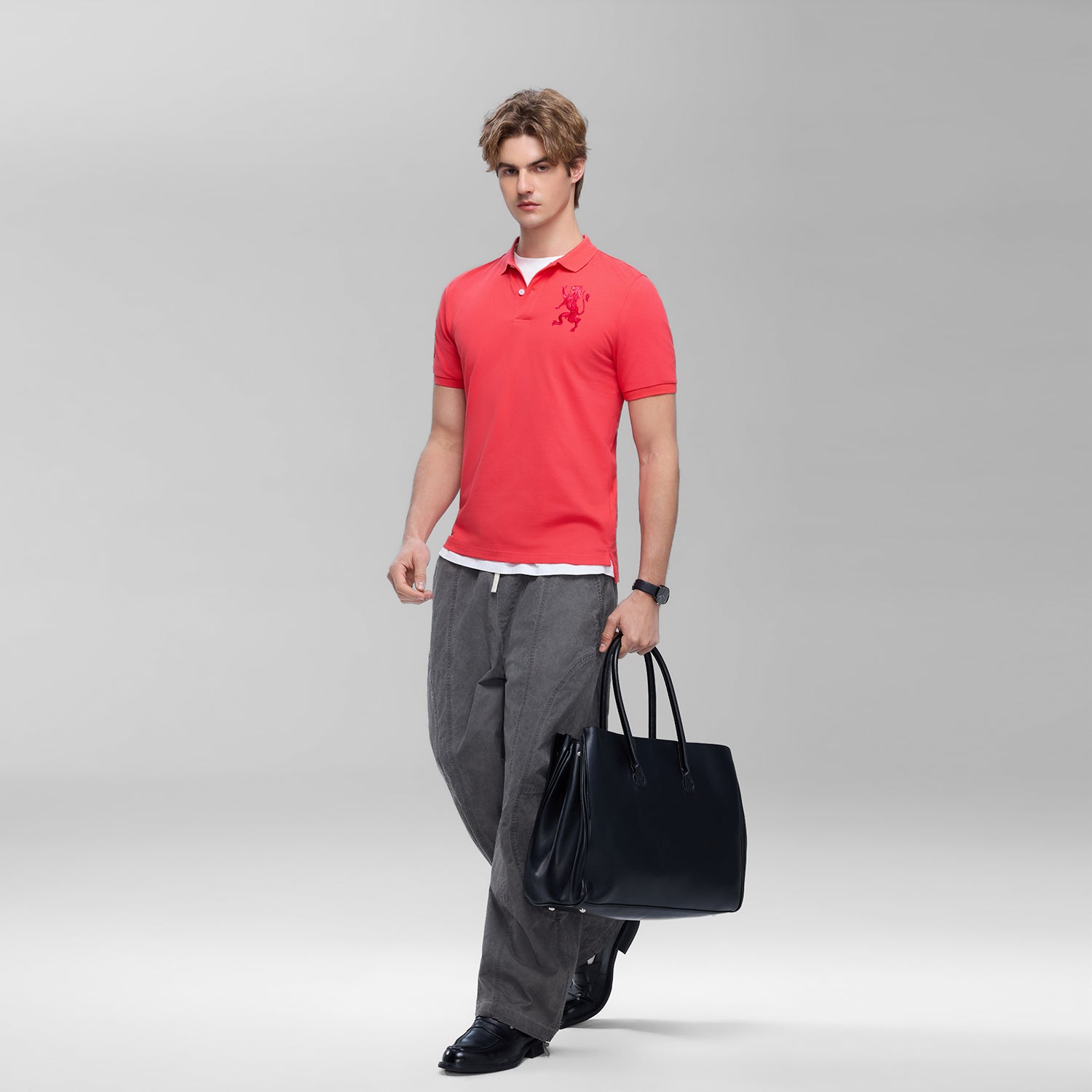 Men’s Slim Fit 3D Lion Embroidery Lycra Pique Polo