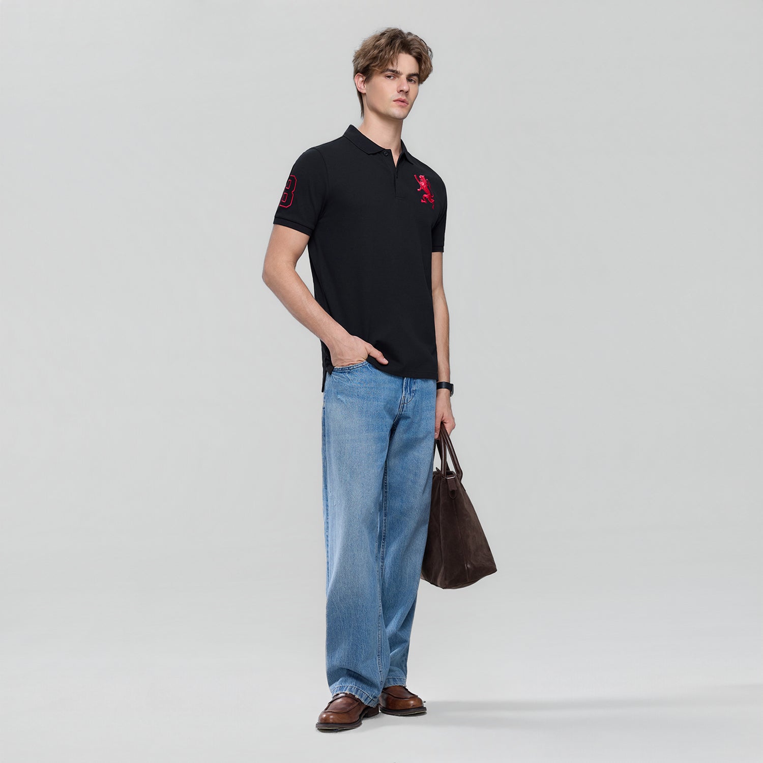 Men’s Slim Fit 3D Lion Embroidery Lycra Pique Polo