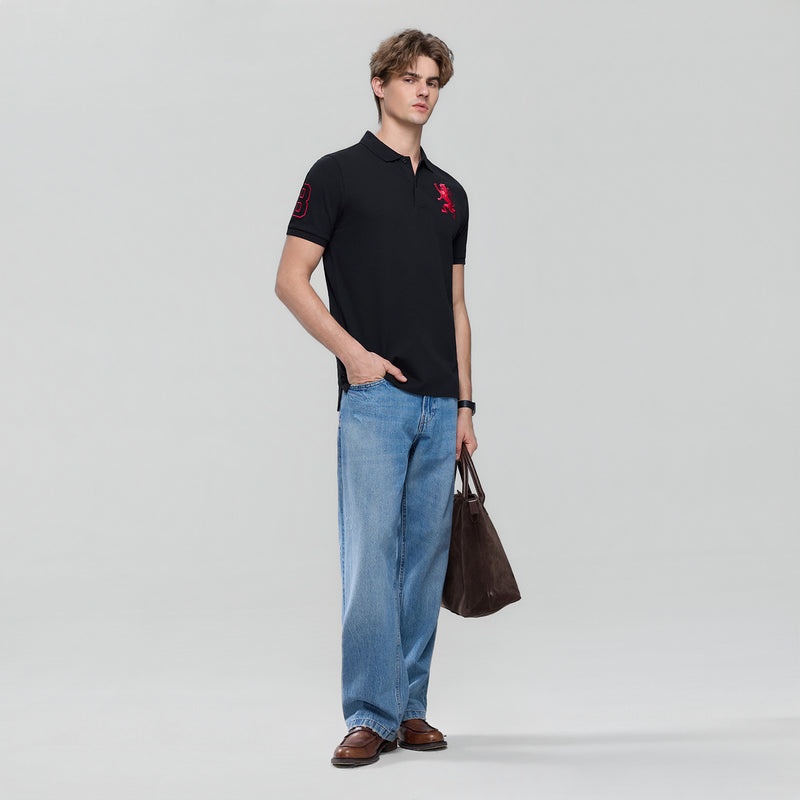 Men’s Slim Fit 3D Lion Embroidery Lycra Pique Polo