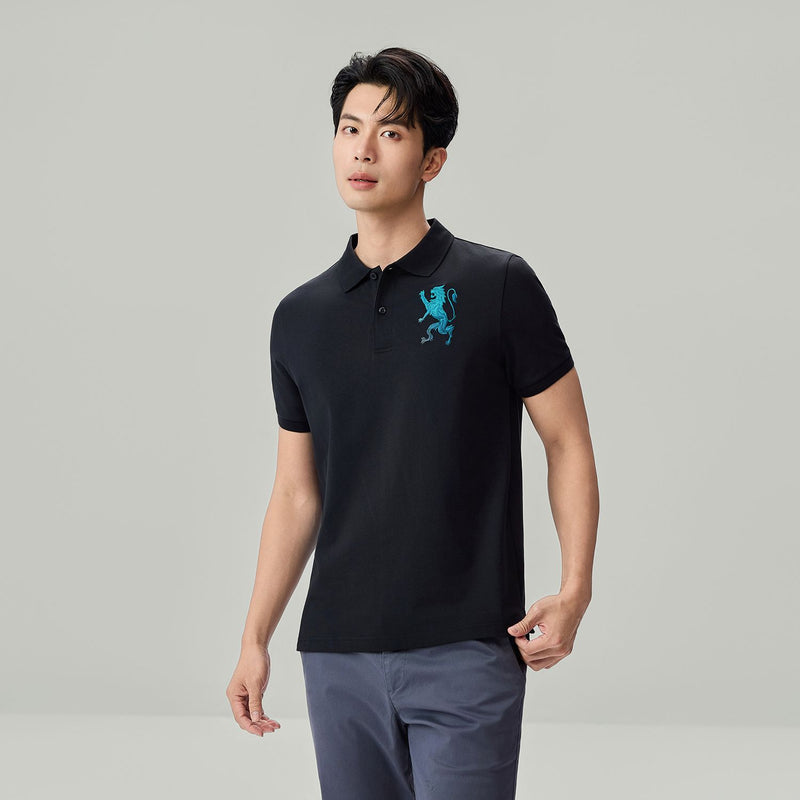 Men’s Slim Fit 3D Lion Embroidery Lycra Pique Polo