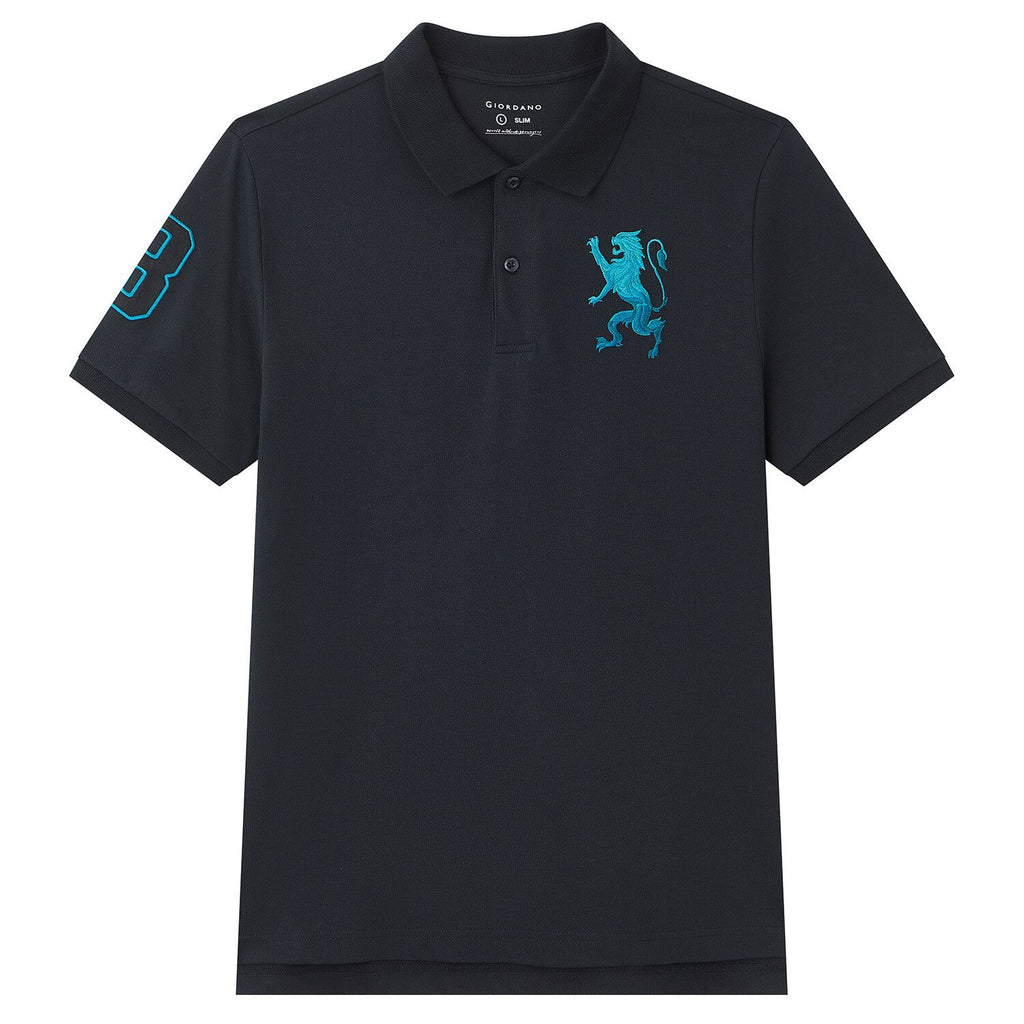 Men’s Slim Fit 3D Lion Embroidery Lycra Pique Polo