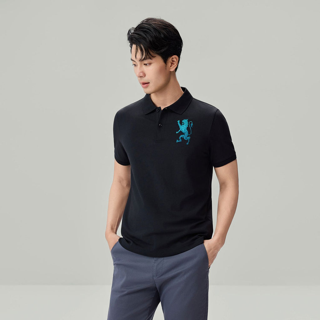 Men’s Slim Fit 3D Lion Embroidery Lycra Pique Polo
