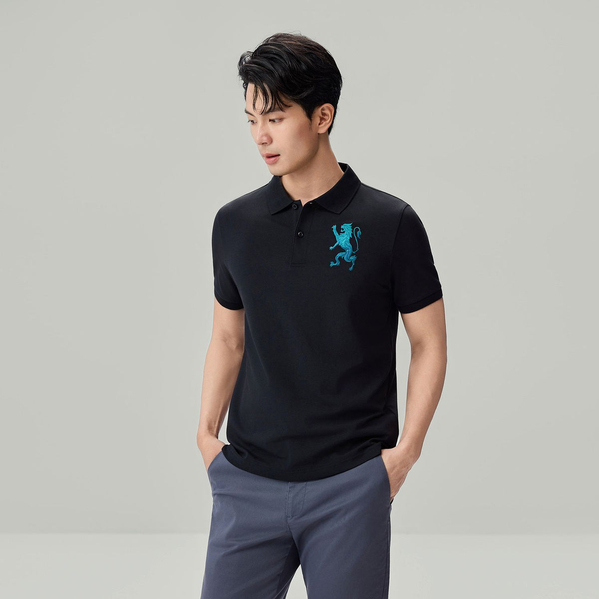 Men’s Slim Fit 3D Lion Embroidery Lycra Pique Polo
