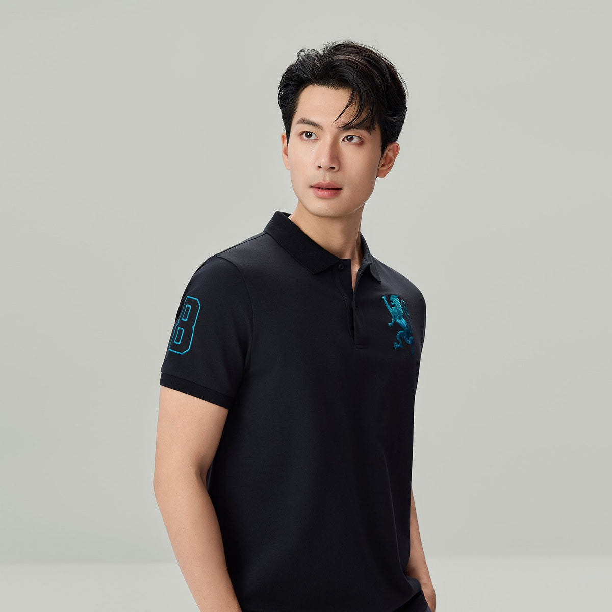 Men’s Slim Fit 3D Lion Embroidery Lycra Pique Polo
