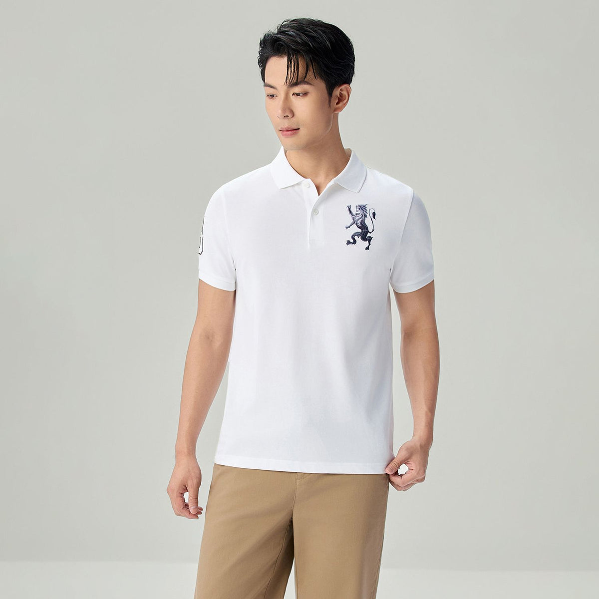 Men’s Slim Fit 3D Lion Embroidery Lycra Pique Polo