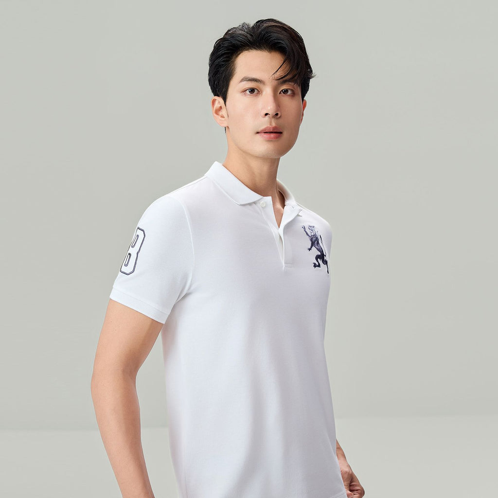 Men’s Slim Fit 3D Lion Embroidery Lycra Pique Polo