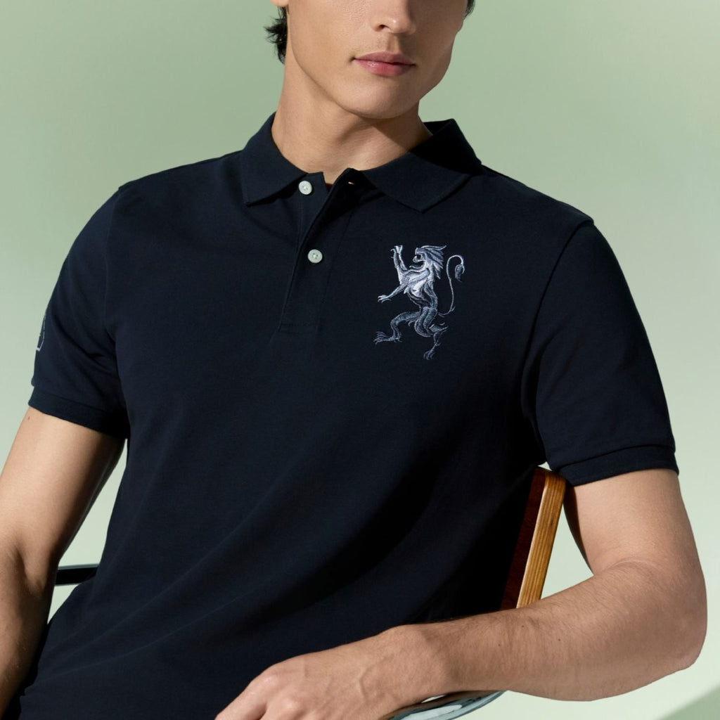 Men’s Slim Fit 3D Lion Embroidery Lycra Pique Polo