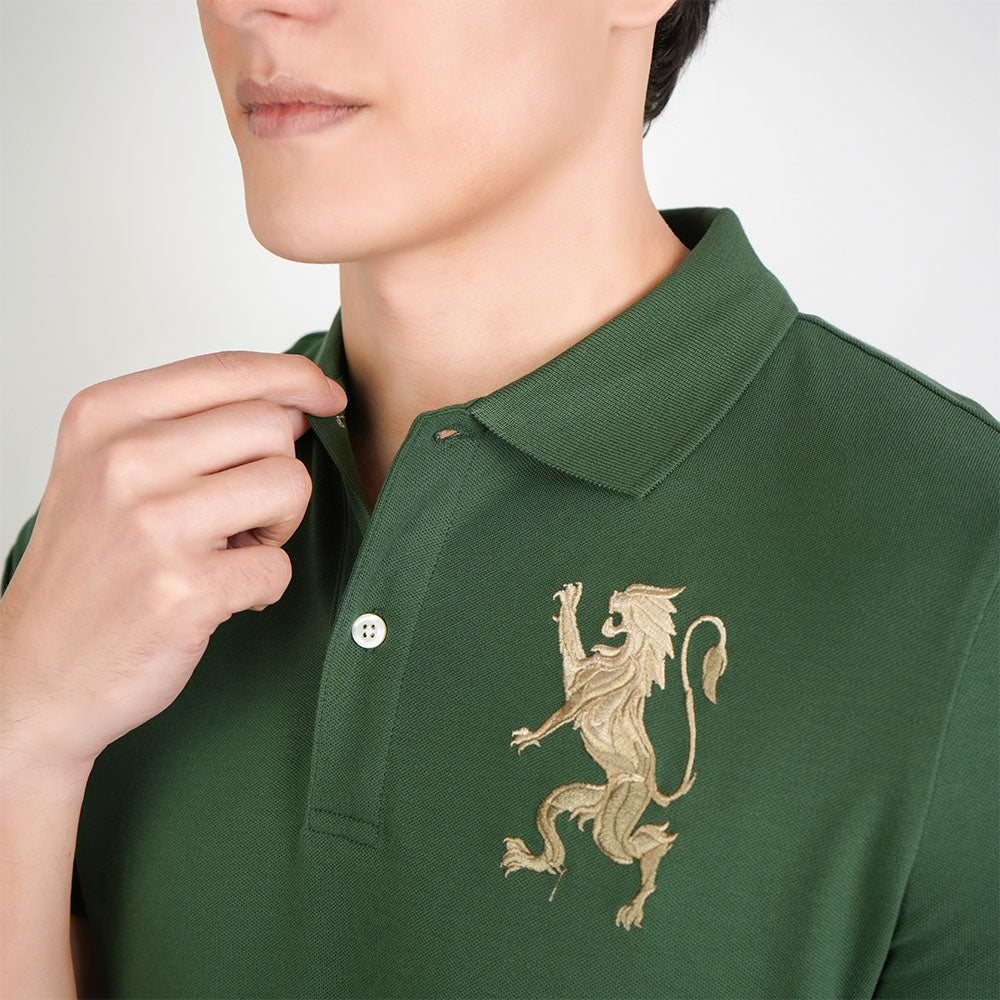 Men’s Slim Fit 3D Lion Embroidery Lycra Pique Polo
