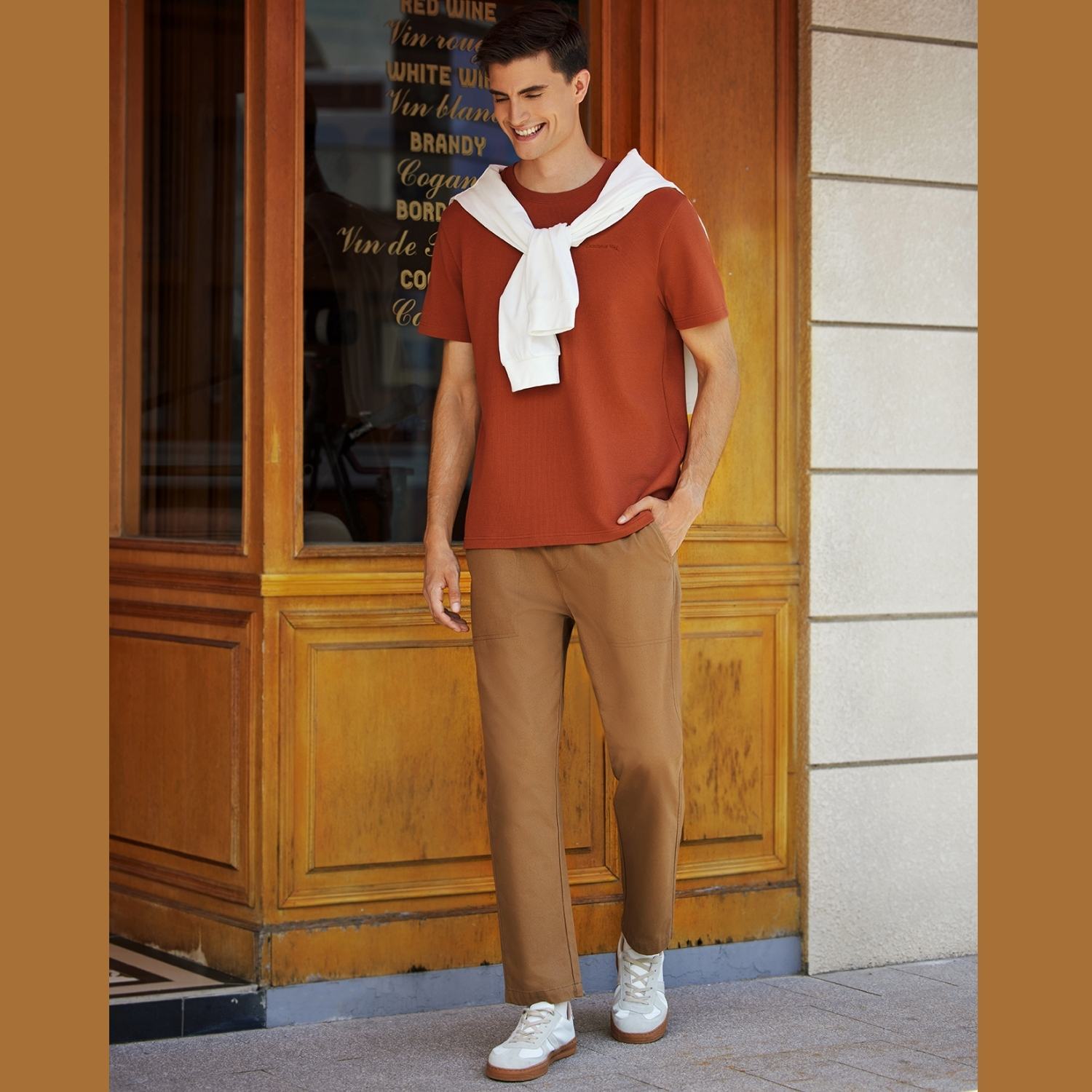 Giordano Men's Waffle Knit Crewneck Tee-Brown