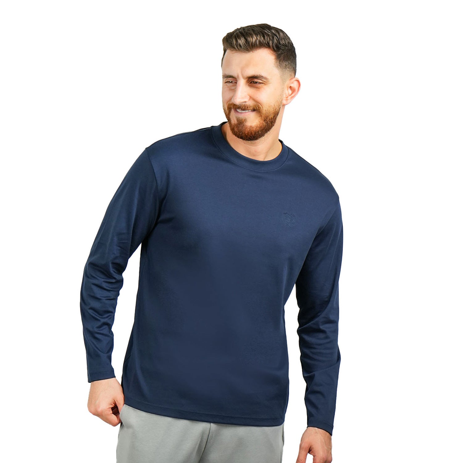 Giordano Men’S Interlock Crew Neck Long Sleeve Slim Fit Embroidery Liquid Touch Smart Collar Tees-Blue