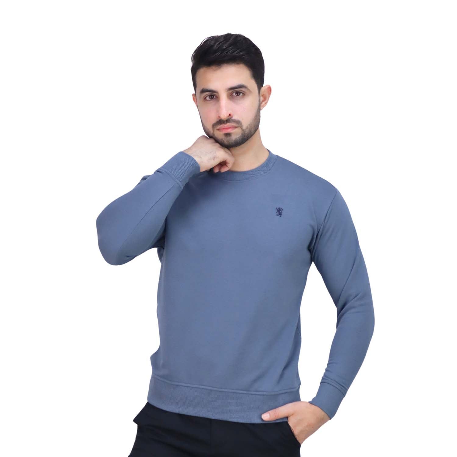 Giordano Men's Cotton Polyester French Terry Crew Neck Sweatshirt-Blue