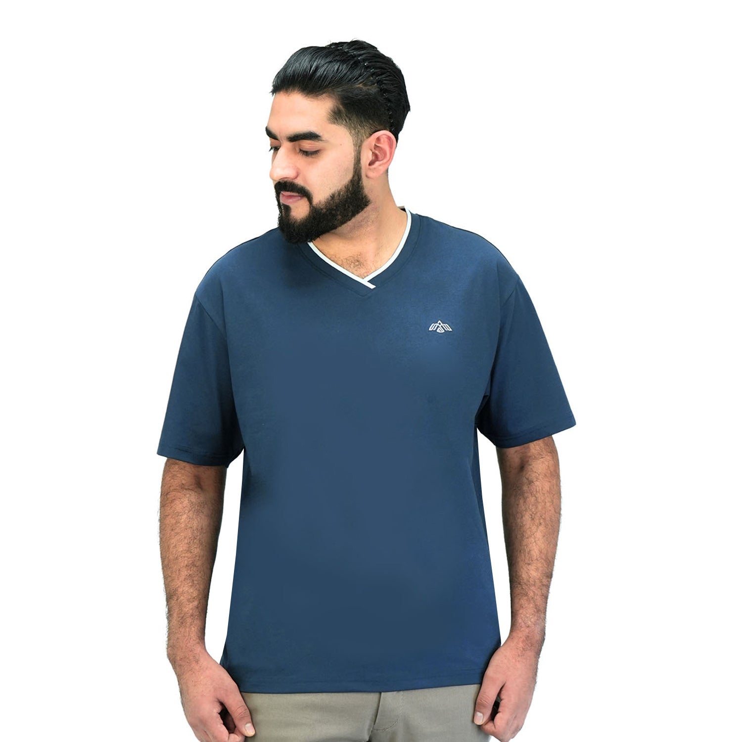 Giordano Men's V Neck Embroidery Tee-Blue