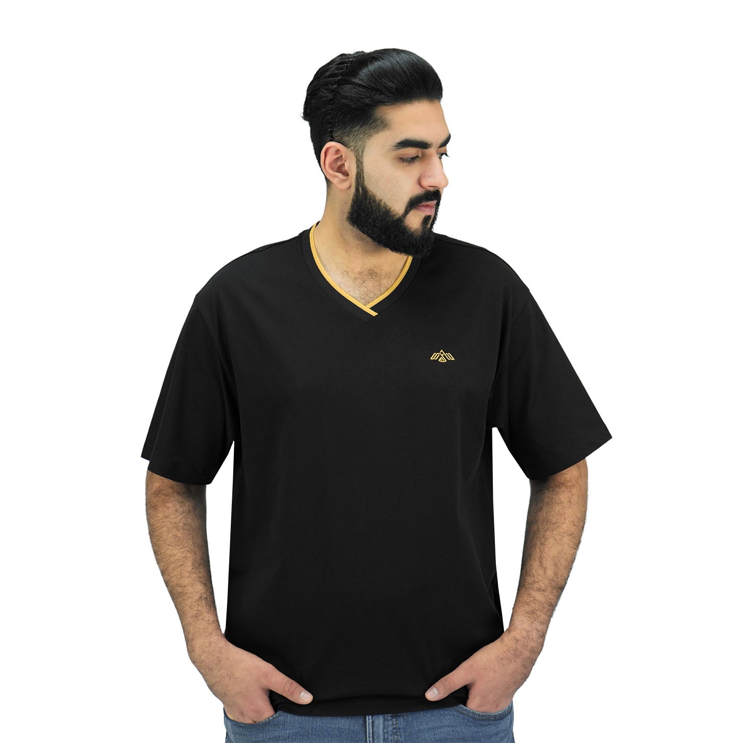 Giordano Men's V Neck Embroidery Tee-Black