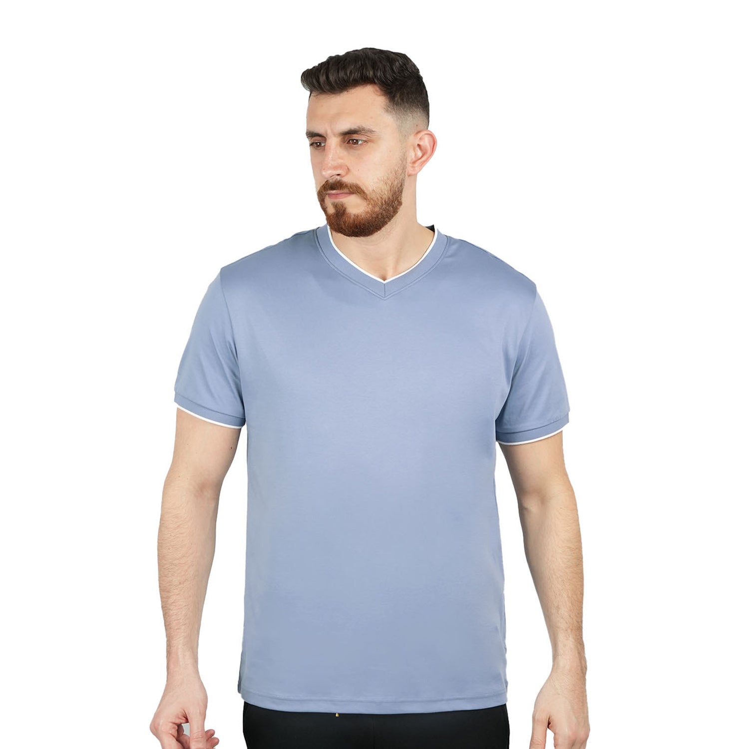 Giordano Men's V-Neck Tee - Slim Fit, Cotton Interlock, Solid Colors-Blue