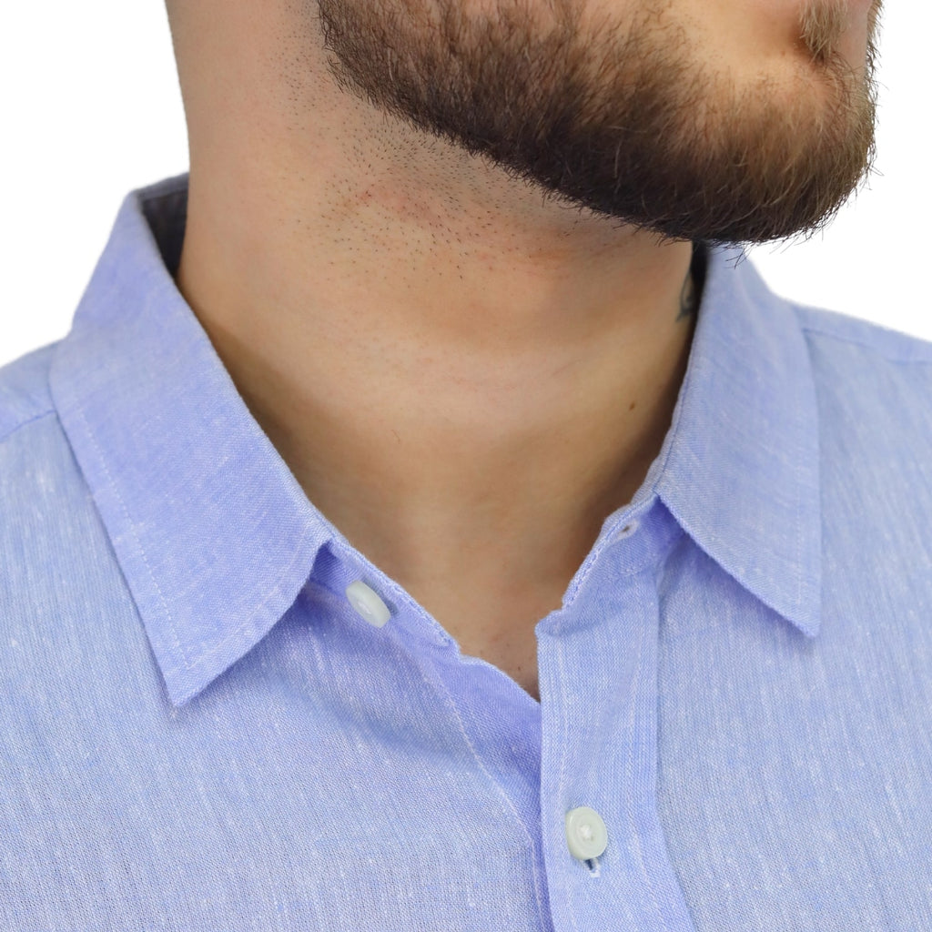 Men's Linen Short Sleeve Slim Fit Front Button Garment Wash Shirt