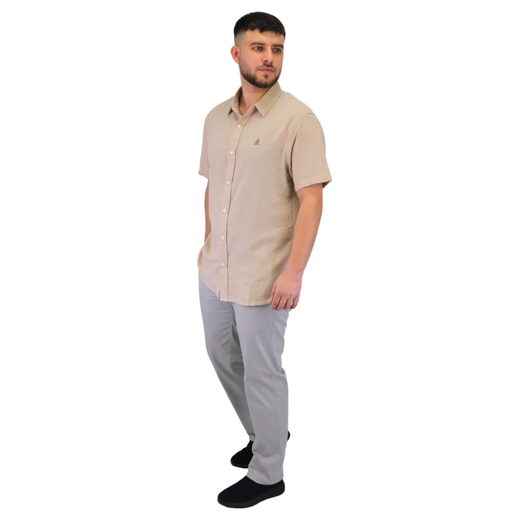 Men's Linen Short Sleeve Slim Fit Front Button Garment Wash Shirt