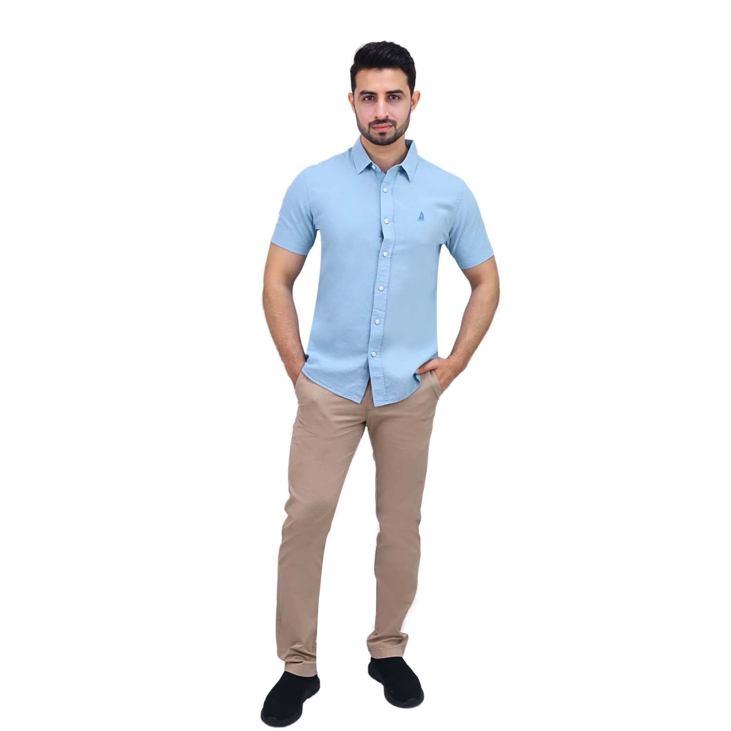 Men's Linen Short Sleeve Slim Fit Front Button Garment Wash Shirt