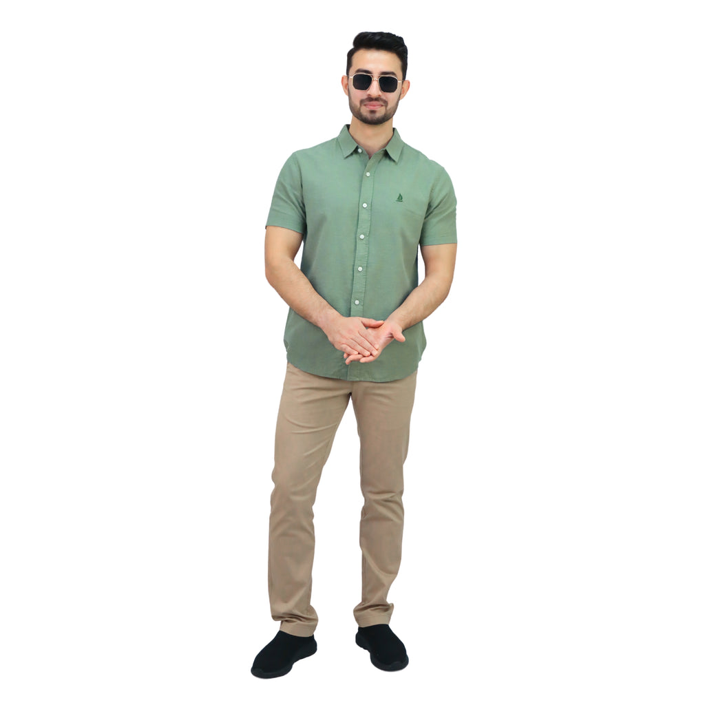 Men's Linen Short Sleeve Slim Fit Front Button Garment Wash Shirt